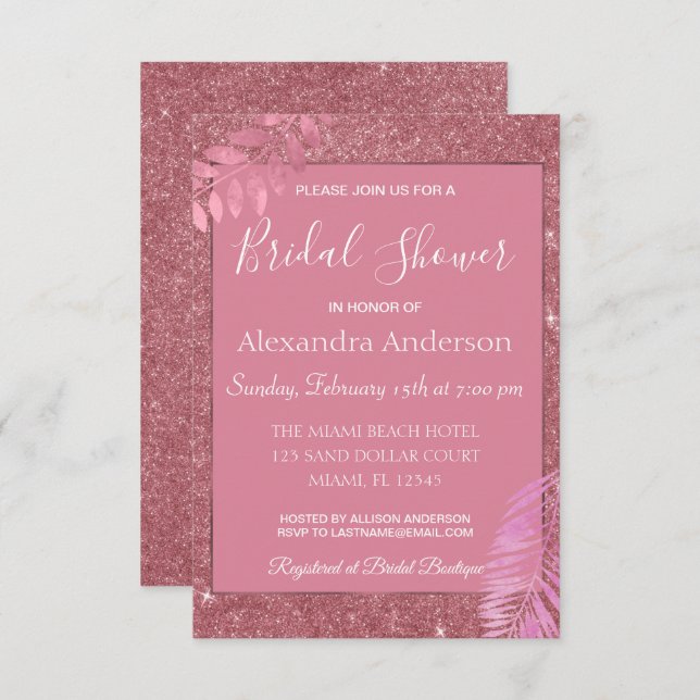 Floral Rose Gold Sparkle & Glitter Bridal Shower Invitation (Front/Back)