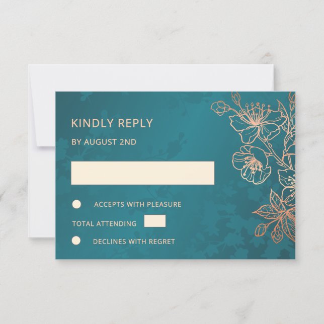 Floral Rose Gold Teal Wedding RSVP (Front)