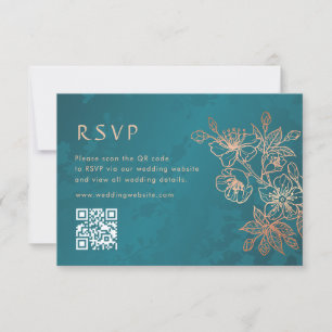 Floral Rose Gold Teal Wedding RSVP Card