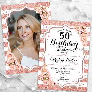 Floral Rose Gold White Photo 50th Birthday Invitation