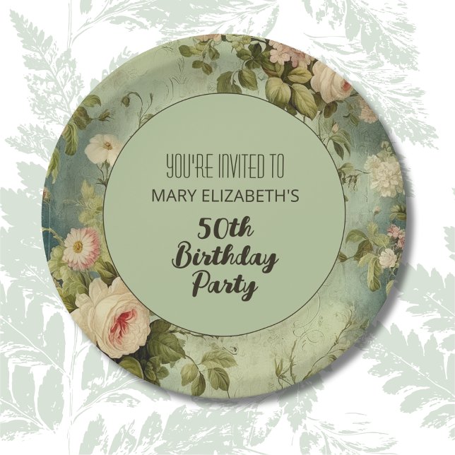 Floral Rose Greenery Birthday Party Paper Plate (Creator Uploaded)
