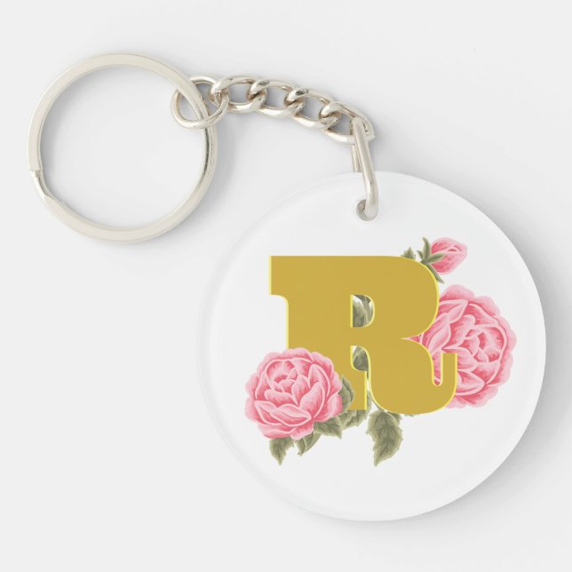 Floral Rose Initial Letter Monogram Name Couple Key Ring (Front)