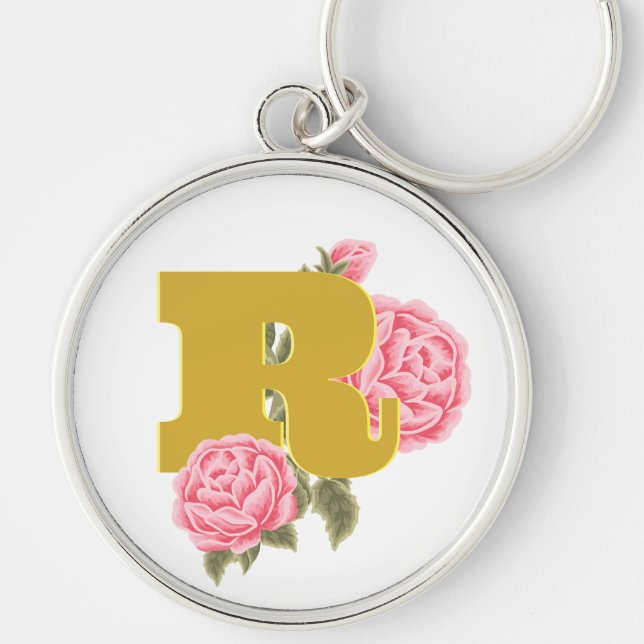 Floral Rose Initial Letter Monogram Name Couple Key Ring (Front)