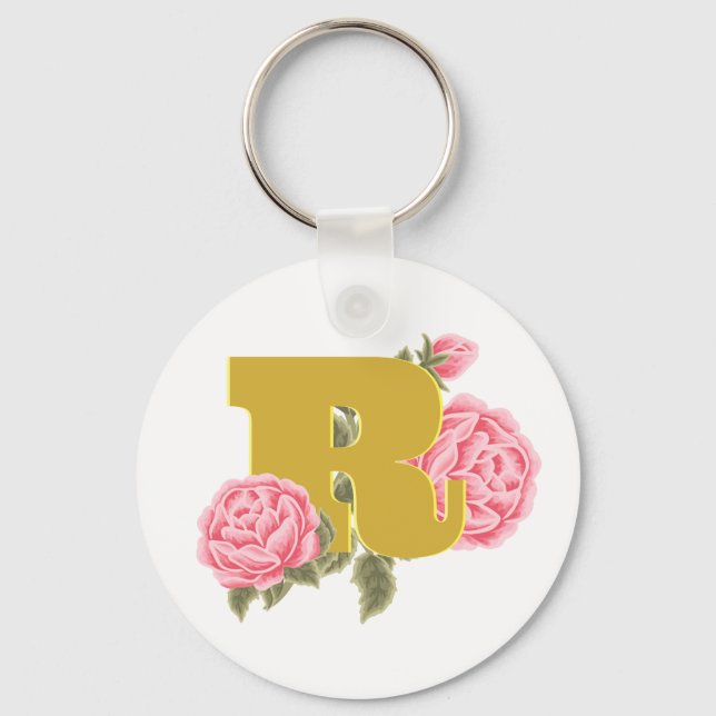 Floral Rose Initial Letter Monogram Name Couple Key Ring (Front)