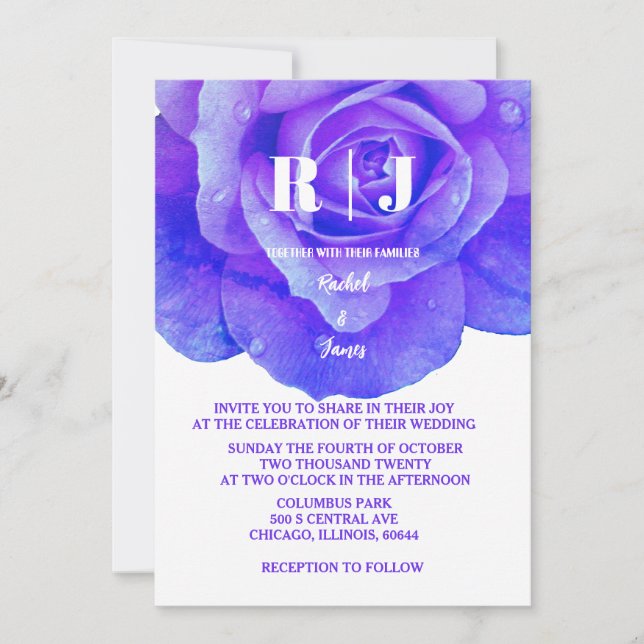 Floral Rose Monogram Blue Purple Flowers Wedding Invitation (Front)