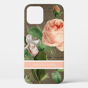 Floral Rose Pink Coral Rustic Wood Fern Greenery iPhone 12 Case