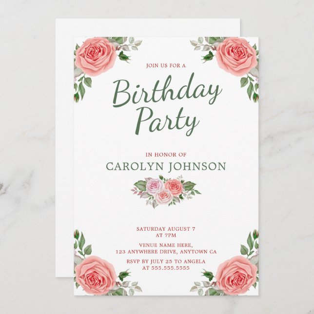 Floral Rose Pink & Green Birthday Party Invitation (Front/Back)