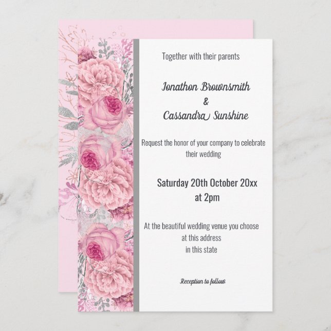 FLORAL ROSE  PINK SILVER TRIM WHITE WEDDING INVITATION (Front/Back)