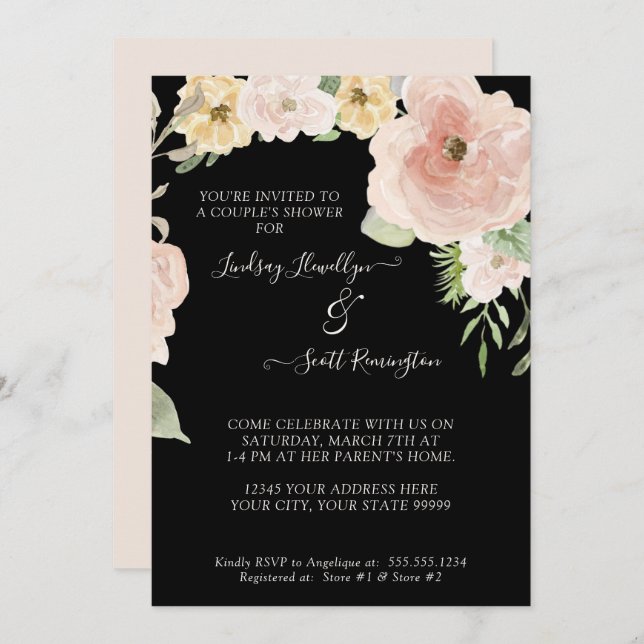 Floral Rose Pink Yellow Watercolor Couples Shower Invitation (Front/Back)