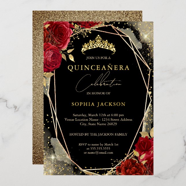 Floral Rose Red Gold Tiara Quinceanera (Front/Back)