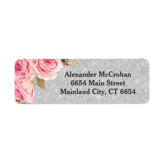 Floral Rose Silver Glitter Return Address Label (Front)