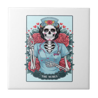 Floral Rose Skeleton Nurse Tarot Card Halloween Es Ceramic Tile