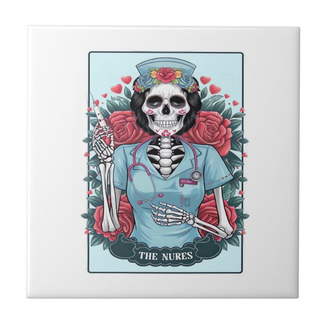 Floral Rose Skeleton Nurse Tarot Card Halloween Es Ceramic Tile (Front)