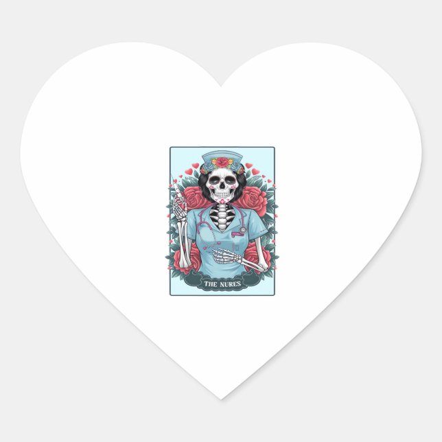 Floral Rose Skeleton Nurse Tarot Card Halloween Es Heart Sticker (Front)