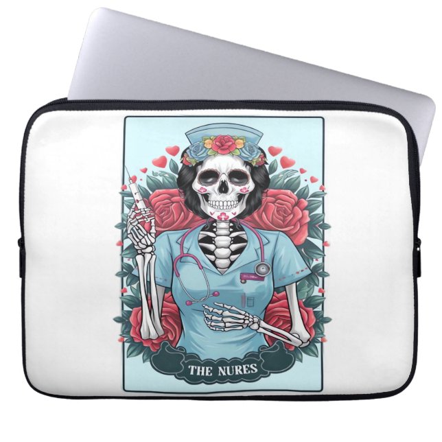 Floral Rose Skeleton Nurse Tarot Card Halloween Es Laptop Sleeve (Front)