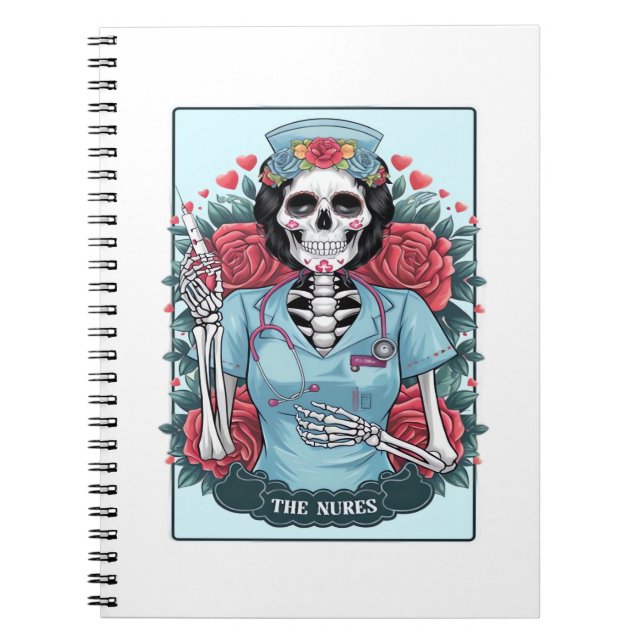 Floral Rose Skeleton Nurse Tarot Card Halloween Es Notebook (Front)