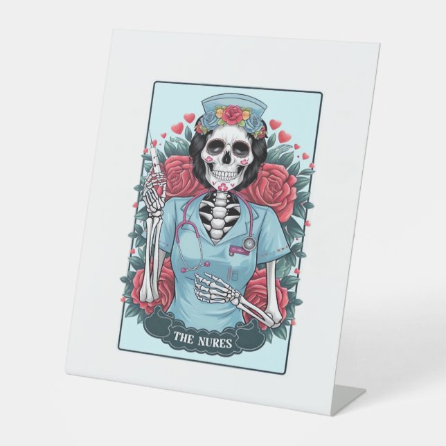 Floral Rose Skeleton Nurse Tarot Card Halloween Es Pedestal Sign (Front)