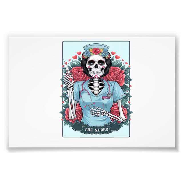Floral Rose Skeleton Nurse Tarot Card Halloween Es Photo Print (Front)