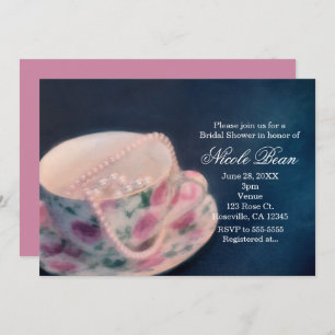 Floral Rose Tea Cup & Pearls Bridal Shower Invitation