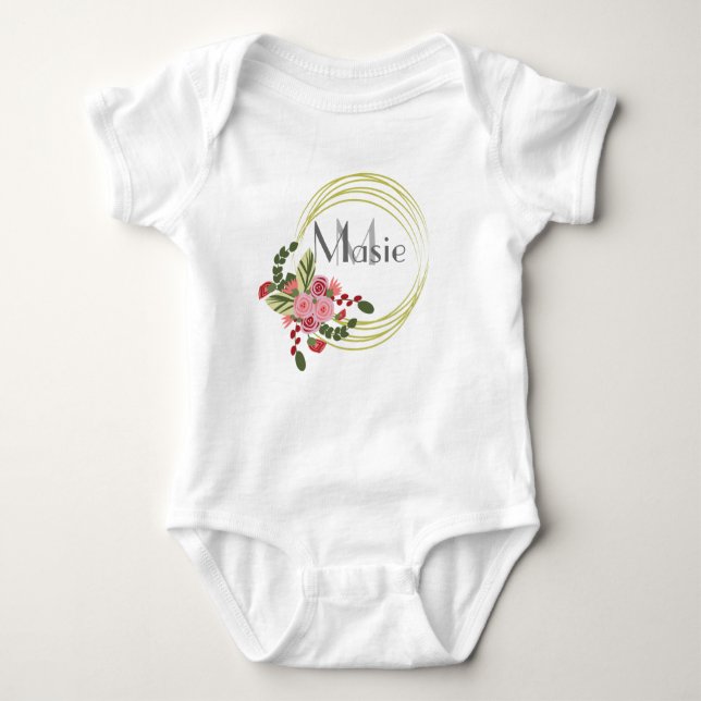 Floral Rose Wreath Personalised Name Baby Bodysuit (Front)