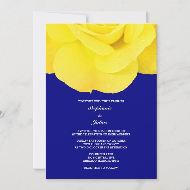 Floral Rose Yellow Navy Blue Spring Summer Wedding Invitation (Front)