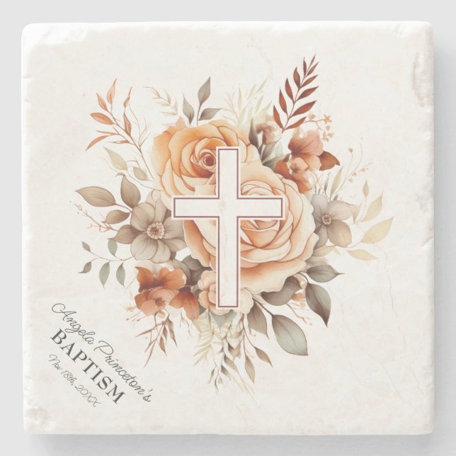 Floral Roses Cross Baptism  Stone Coaster (Front)