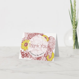 Floral Roses Daisies Terra  Cotta Outlined Bouquet Thank You Card