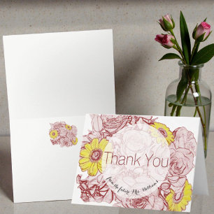 Floral Roses Daisies Terra Cotta Outlined Bouquet Thank You Card