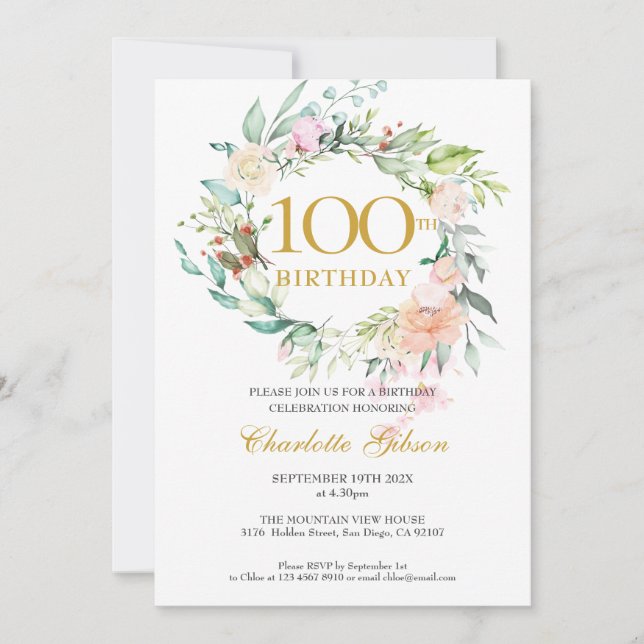 Floral Roses Garland Monogram 100th Birthday Invitation (Front)