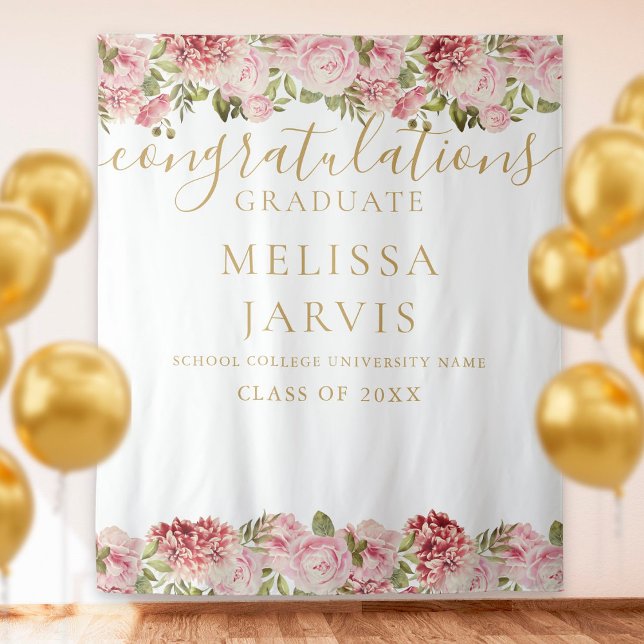 Floral Roses Gold Script Graduation Photo Backdrop Tapestry (Creator Uploaded)