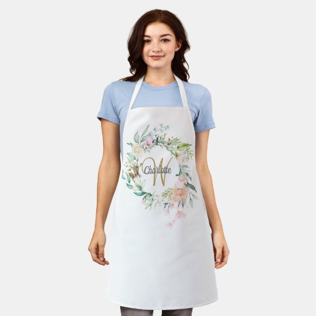Floral Roses Monogram Gold Script Apron (Worn)