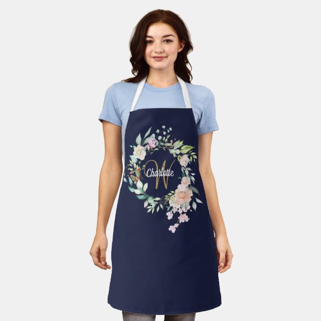 Floral Roses Monogram Gold Script Navy Blue Apron (Worn)