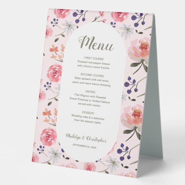 Floral Roses Pink Peonies Spring Wedding Menu (Front)