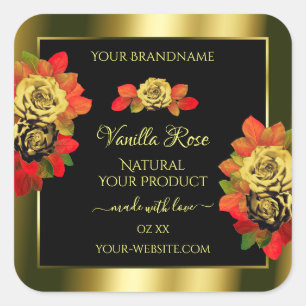 Floral Roses Product Labels Black Shimmery Golden