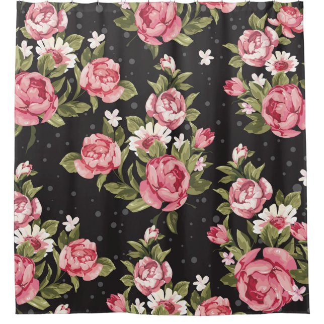floral,roses,red,black,background,shabby chic,pink shower curtain (Front)