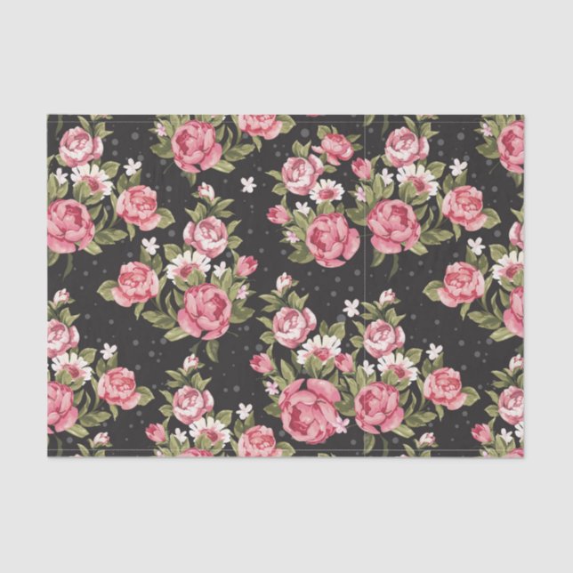 floral,roses,red,black,background,shabby chic,pink tissue paper (Front)