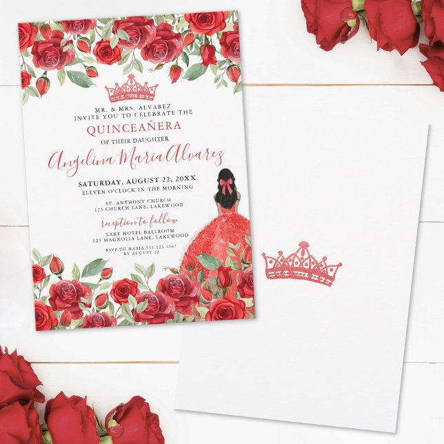 Floral Roses Red Quinceanera Invitation (Red Roses Elegant Floral Quinceanera Invitation )