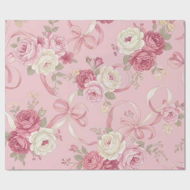 Floral Roses & Ribbon Bows Wrapping Paper  (Flat)