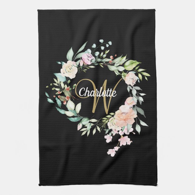 Floral Roses Script Monogram Gold Black Tea Towel (Vertical)