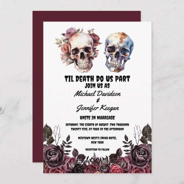  floral roses skeletons gothic halloween wedding  invitation (Front/Back)