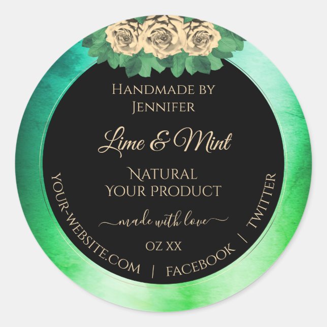Floral Roses Teal Green Marble Black Product Label (Front)