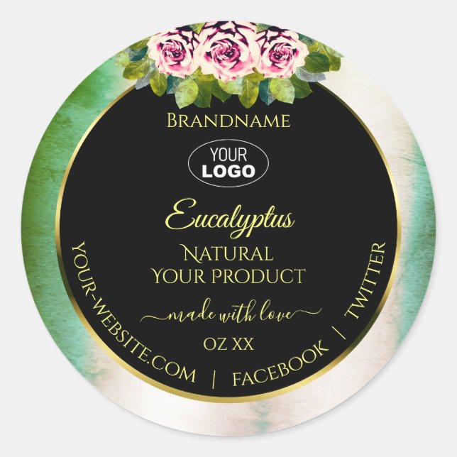 Floral Roses Teal Marble Black Product Labels Logo (Front)