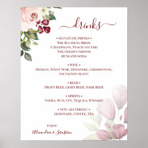 Floral Roses Wedding Drinks Menu Sign