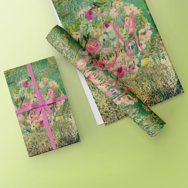 Floral Round Bouquet Monogram Green Gold Wrapping Paper (Creator Uploaded)