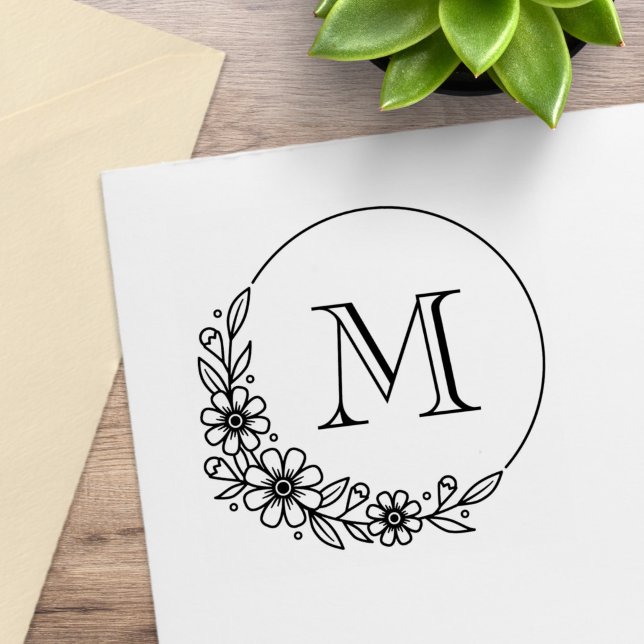 Floral Round Frame Custom Initial Monogram Rubber Stamp (Creator Uploaded)