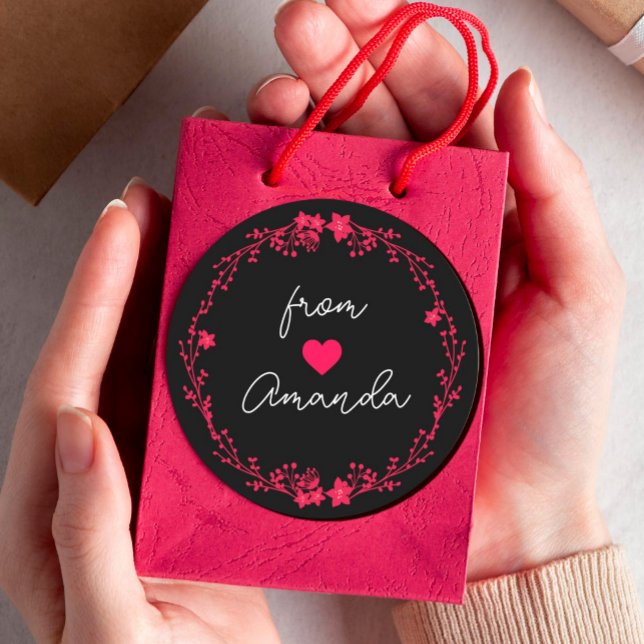 Floral Round Frame Heart Custom Name Favour Classic Round Sticker (#happyvalentinesday #motherday #mom #addname #pinkloveheart #partyfavorseal #pretty #love)