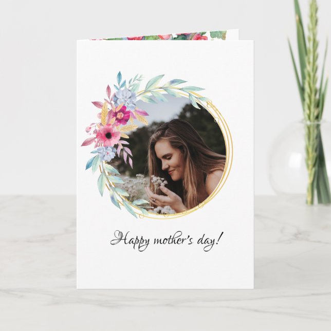 Floral Round Frame Photo Mother's Day Holiday Card (Front)