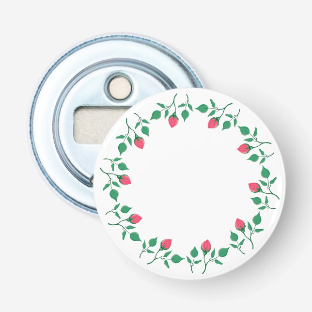 Floral round frame with pink rose flowers  bottle opener (Front)