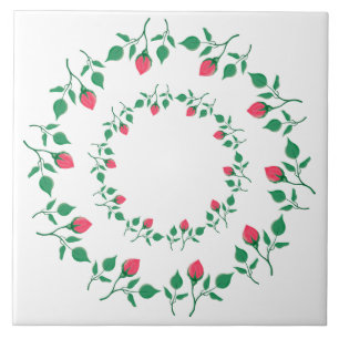 Floral round frame with pink rose flowers  ceramic tile