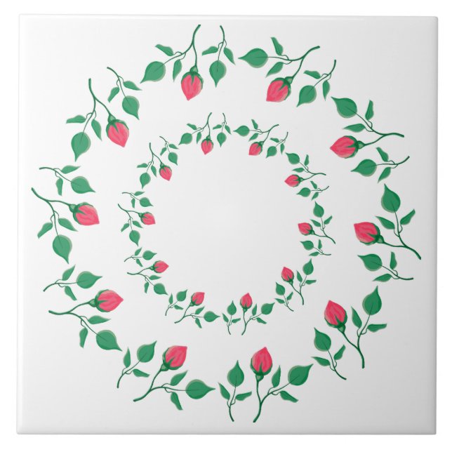 Floral round frame with pink rose flowers  ceramic tile (Front)